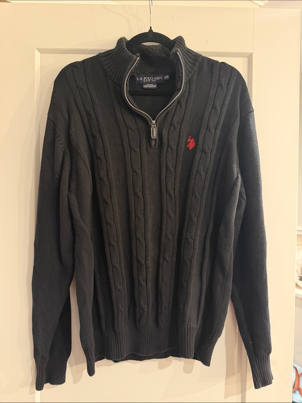 U.S. Polo Assn. Men's Black Cable Knit Half-Zip Sweater with Red Logo
